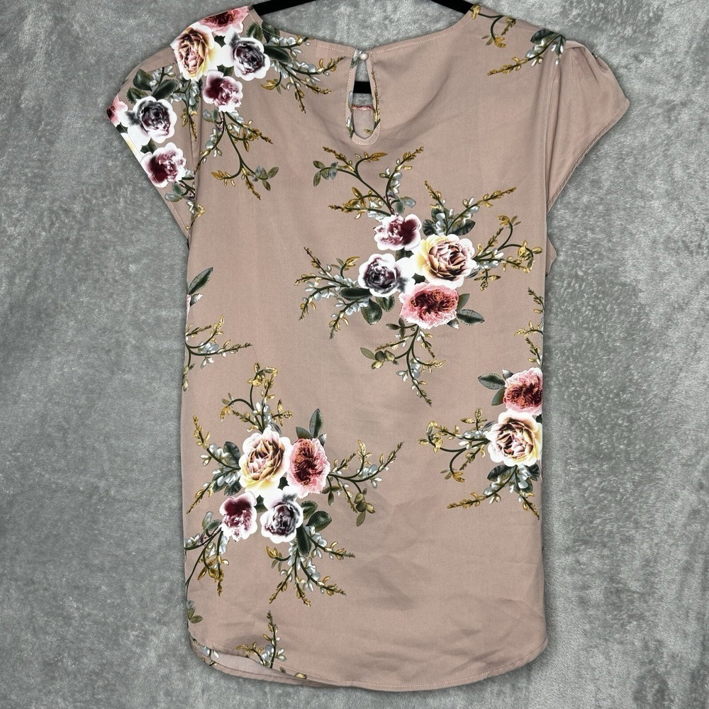Amazon XL Top Shirt Brown Floral Flower Cap Short Sleeve Round Neck Stretch‎ - Picture 4 of 8
